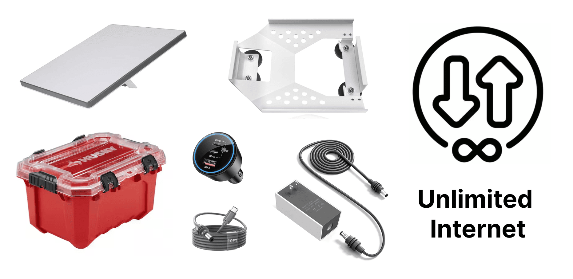 The complete Starlink rental kit: a Starlink Mini dish, magnetic roof mount, red waterproof carrying container, multi-port cigarette lighter charger, USB-C power cable, and unlimited internet.